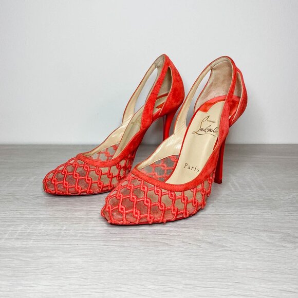 Louboutin K-Racas Coral Fishnet Pumps - Picture 2 of 8